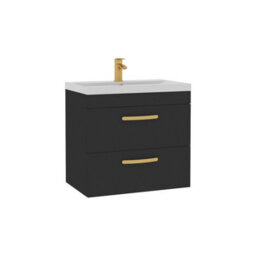 Royal Bathrooms Turin 600mm Wall Hung Vanity Unit Matt Black 2 Drawer Mid-Edge Basin With Brushed Brass Handles - thumbnail 6