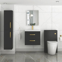 Royal Bathrooms Turin 600mm Wall Hung Vanity Unit Matt Black 2 Drawer Mid-Edge Basin With Brushed Brass Handles - thumbnail 4