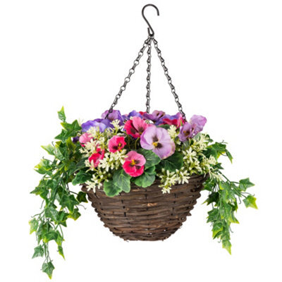 Christow Artificial Pansy Wicker Hanging Basket Uv Resistant Foliage Pink Purple 25Cm - image 1