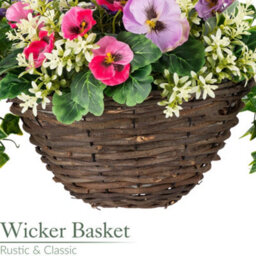 Christow Artificial Pansy Wicker Hanging Basket Uv Resistant Foliage Pink Purple 25Cm - thumbnail 4