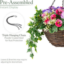 Christow Artificial Pansy Wicker Hanging Basket Uv Resistant Foliage Pink Purple 25Cm - thumbnail 6