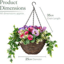 Christow Artificial Pansy Wicker Hanging Basket Uv Resistant Foliage Pink Purple 25Cm - thumbnail 7