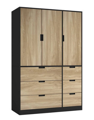 Urbn-Living Urbnliving Wooden 3 Door 6 Drawer Wardrobe Bedroom Storage Closet Shelves Hanging Rail Black Unit - Oak Doors Drawers - image 1