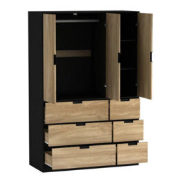 Urbn-Living Urbnliving Wooden 3 Door 6 Drawer Wardrobe Bedroom Storage Closet Shelves Hanging Rail Black Unit - Oak Doors Drawers - thumbnail 6
