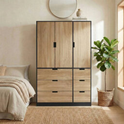 Urbn-Living Urbnliving Wooden 3 Door 6 Drawer Wardrobe Bedroom Storage Closet Shelves Hanging Rail Black Unit - Oak Doors Drawers - thumbnail 3