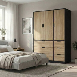 Urbn-Living Urbnliving Wooden 3 Door 6 Drawer Wardrobe Bedroom Storage Closet Shelves Hanging Rail Black Unit - Oak Doors Drawers - thumbnail 2