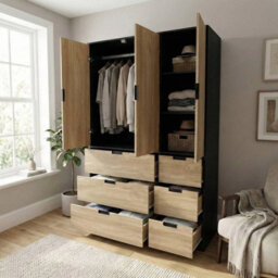 Urbn-Living Urbnliving Wooden 3 Door 6 Drawer Wardrobe Bedroom Storage Closet Shelves Hanging Rail Black Unit - Oak Doors Drawers - thumbnail 5