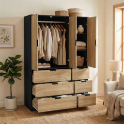Urbn-Living Urbnliving Wooden 3 Door 6 Drawer Wardrobe Bedroom Storage Closet Shelves Hanging Rail Black Unit - Oak Doors Drawers - thumbnail 4