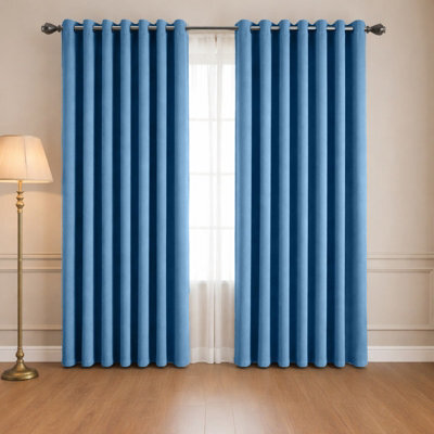 Oxford Homeware Eyelet Linen Effect Curtains Blue Fully Lined 100% Blackout Thermal Insulated Curtain Pair (W)228Cm X (L)228Cm - image 1