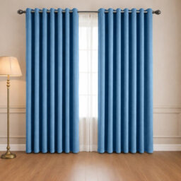 Oxford Homeware Eyelet Linen Effect Curtains Blue Fully Lined 100% Blackout Thermal Insulated Curtain Pair (W)228Cm X (L)228Cm