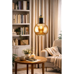 Luminosa Lighting Luminosa Auralis Dome Pendant Ceiling Light Black, Gold Amber Glass Shade 1X E27 - thumbnail 2