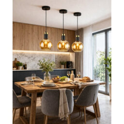 Luminosa Lighting Luminosa Auralis Dome Pendant Ceiling Light Black, Gold Amber Glass Shade 1X E27 - thumbnail 5