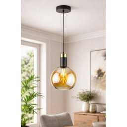 Luminosa Lighting Luminosa Auralis Dome Pendant Ceiling Light Black, Gold Amber Glass Shade 1X E27 - thumbnail 4