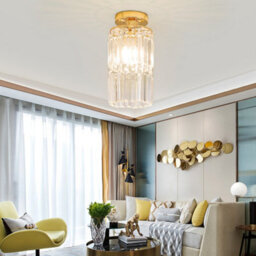 Living And Home Modern Chandelier Cylindrical Droplet Crystal Shade Gold Base Mount Ceiling Light Fixture - thumbnail 1