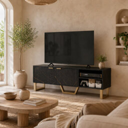 Wyld Haus Baseva 140Cm Black Marble-Effect Tv Unit With Fluted Doors And Gold-Tone Pulls - Fits Up To 70In Tvs