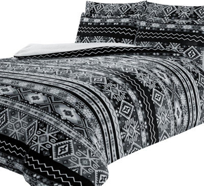Aztec Printed Teddy Duvet Set In Grey - King