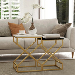 Nest Of Coffee Tables Set Steel Gold Frame Black White Furniture - thumbnail 4