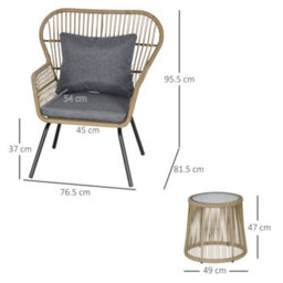 Wyld Haus Luluse 3 Piece Natural Brown Rattan Outdoor Bistro Set With Grey Cushions And Glass Coffee Table - thumbnail 3