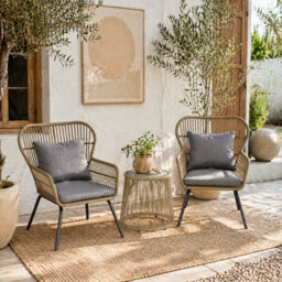 Wyld Haus Luluse 3 Piece Natural Brown Rattan Outdoor Bistro Set With Grey Cushions And Glass Coffee Table - thumbnail 1