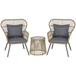 Wyld Haus Luluse 3 Piece Natural Brown Rattan Outdoor Bistro Set With Grey Cushions And Glass Coffee Table - thumbnail 2