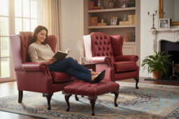 Chesterfield 2 X Wing Chairs + Footstool Old English Gamay Red Leather In Mallory Style - thumbnail 3