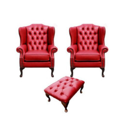 Chesterfield 2 X Wing Chairs + Footstool Old English Gamay Red Leather In Mallory Style