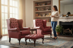 Chesterfield 2 X Wing Chairs + Footstool Old English Gamay Red Leather In Mallory Style - thumbnail 2