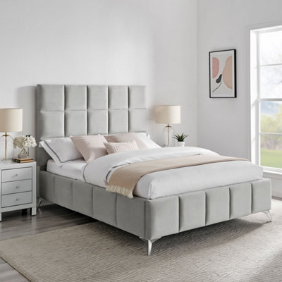 Ecasa Imogen Velvet Bed Frame Ottoman Storage Gas Lift Square Panel Design Light Grey ( Double Size 4Ft 6 ) - image 1