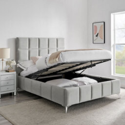 Ecasa Imogen Velvet Bed Frame Ottoman Storage Gas Lift Square Panel Design Light Grey  ( Double Size 4Ft 6 ) - thumbnail 2