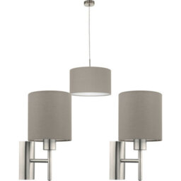 Stylish Satin Nickel Ceiling Pendant Light With 2 Matching Wall Sconces And Taupe Fabric Shades