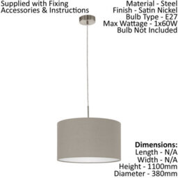 Stylish Satin Nickel Ceiling Pendant Light With 2 Matching Wall Sconces And Taupe Fabric Shades - thumbnail 3