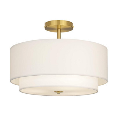 Calokes 40 Cm Dual Drum Gold 3-Light Semi Flush Mount Ceiling Light, Classic White Fabric Linen Shade Design For Living Room