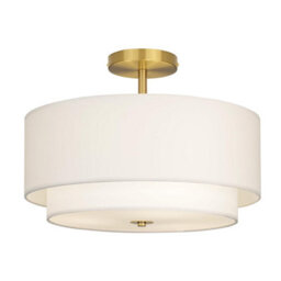 Calokes 40 Cm Dual Drum Gold 3-Light Semi Flush Mount Ceiling Light, Classic White Fabric Linen Shade Design For Living Room