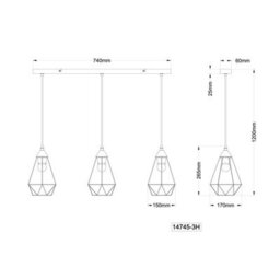 Luminosa Lighting Luminosa Zachary Bar Pendant Ceiling Light Matt Black 3X E27 - thumbnail 6