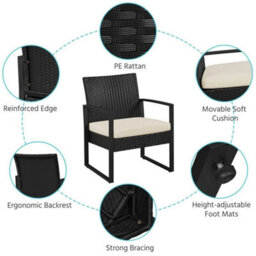 Black/beige 3-Piece Rattan Patio Furniture Set Wicker Bistro Set Outdoor, 2 Chairs  1 Table - thumbnail 4