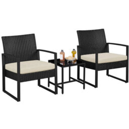 Black/beige 3-Piece Rattan Patio Furniture Set Wicker Bistro Set Outdoor, 2 Chairs  1 Table