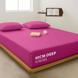 Imperial Rooms Deep Fit 40Cm Satin Stripe Fitted Sheet Microfiber Soft Bedding Sheets Pink Single - thumbnail 1