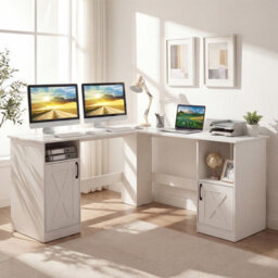 Costway 150 Cm L Shaped Executive Desk With Charging Station Wood Computer Corner Desk With Storage Cabinets - thumbnail 1