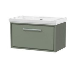 Balterley Longnor Modern Wall Hung Single Drawer Bathroom Vanity With Fireclay Basin, Fern Green, 800mm - thumbnail 1