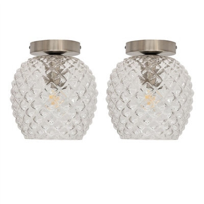 First Choice Lighting Set Of 2 Baine - Textured Glass Satin Nickel Ceiling Light Fittings