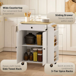 Wyld Haus Semi-Wood White Rolling Kitchen Island With Drawer, 3-Tier Spice Rack And Towel Rail - thumbnail 5