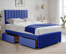 Blue Plush 6Ft Super King Size Bed With Matttress  2 Storage Drawers And 20 Inch Vertical Line Headboard - thumbnail 1