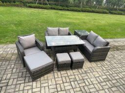 Fimous Lounge Rattan Sofa Set Outdoor Garden Furniture Oblong Rectangular Dining Table With Chairs 3 Footstools Side Table - thumbnail 2