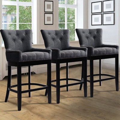 Dark Grey Fabric Wooden Breakfast Bar Stools Chair High Leg Chairs Counter Backrest Home - image 1