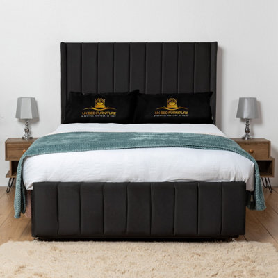 UKBEDFURNITURE Arizona Black Plush Wingback Divan Bed Base With 54 Inch Headboard - No Storage - image 1