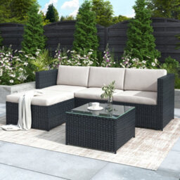 Btm Black Rattan Garden Corner Sofa Set Patio Furniture Outdoor Entertaining Lounge Set - thumbnail 2