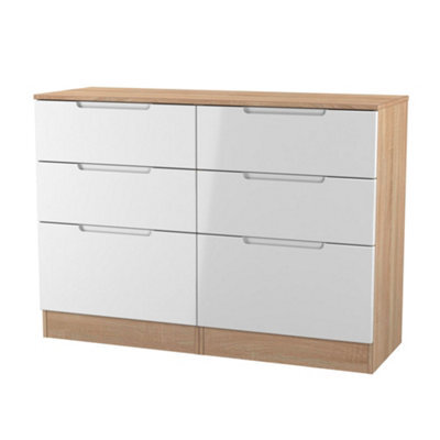 Messina Ready Assembled White & Oak 6 Drawer Wide Chest (H)785mm (W)1100mm (D)390mm - image 1