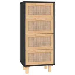 Vidaxl Sideboard Black 40X30X90 Cm Solid Wood Pine And Natural Rattan - thumbnail 2