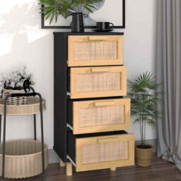 Vidaxl Sideboard Black 40X30X90 Cm Solid Wood Pine And Natural Rattan - thumbnail 3