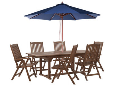 Beliani Garden Dining Set 6 Seater Amantea With Parasol Acacia Wood Blue - image 1